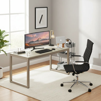 55-inch maple computer desk with grommets and glides in a modern home office setup with monitor, keyboard, and laptop.
