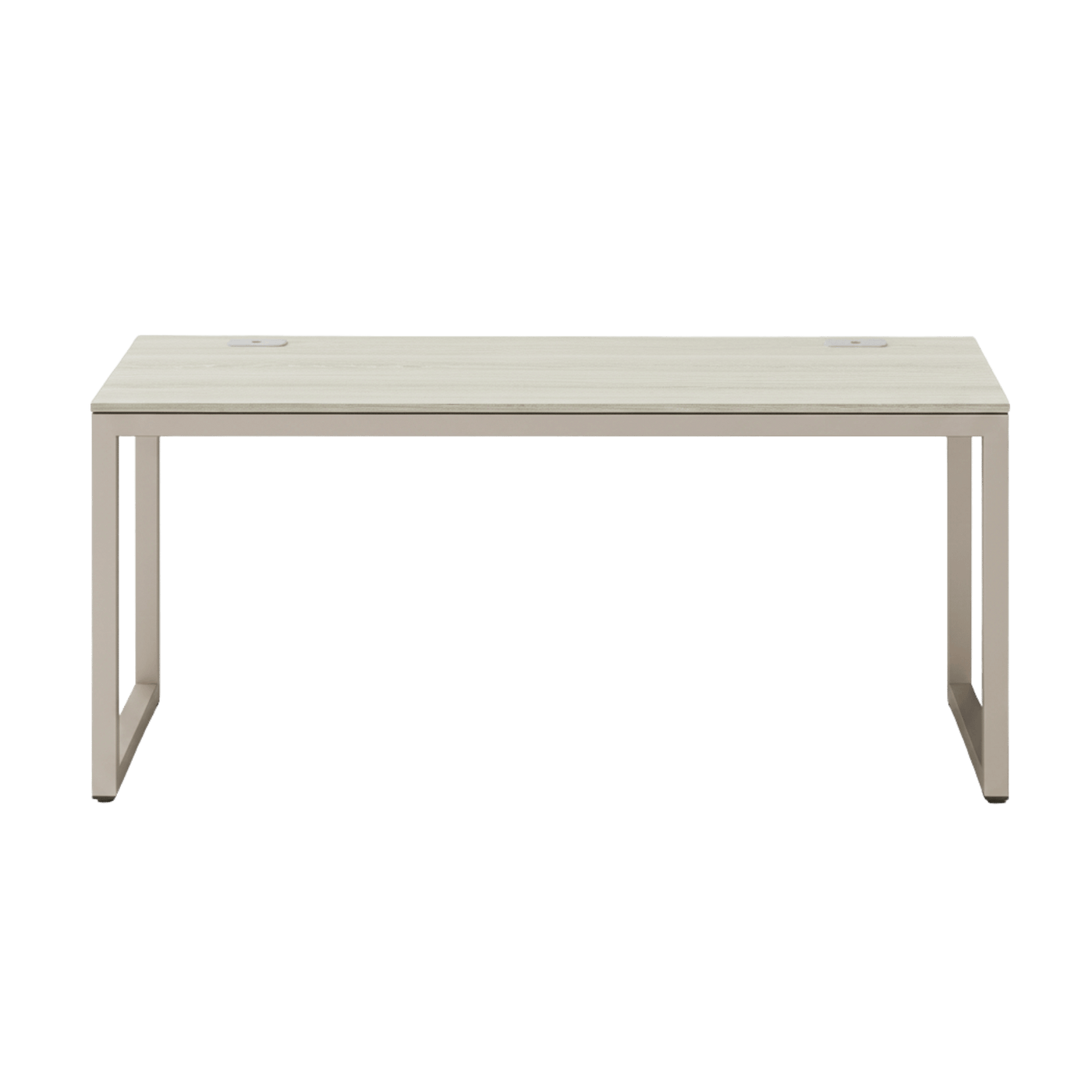 55-inch maple computer desk with grommets and glides, cream metal frame and spacious work surface.
