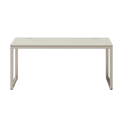55-inch maple computer desk with grommets and glides, cream metal frame and spacious work surface.