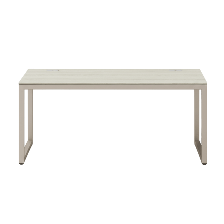 55-inch maple computer desk with grommets and glides, cream metal frame and spacious work surface.