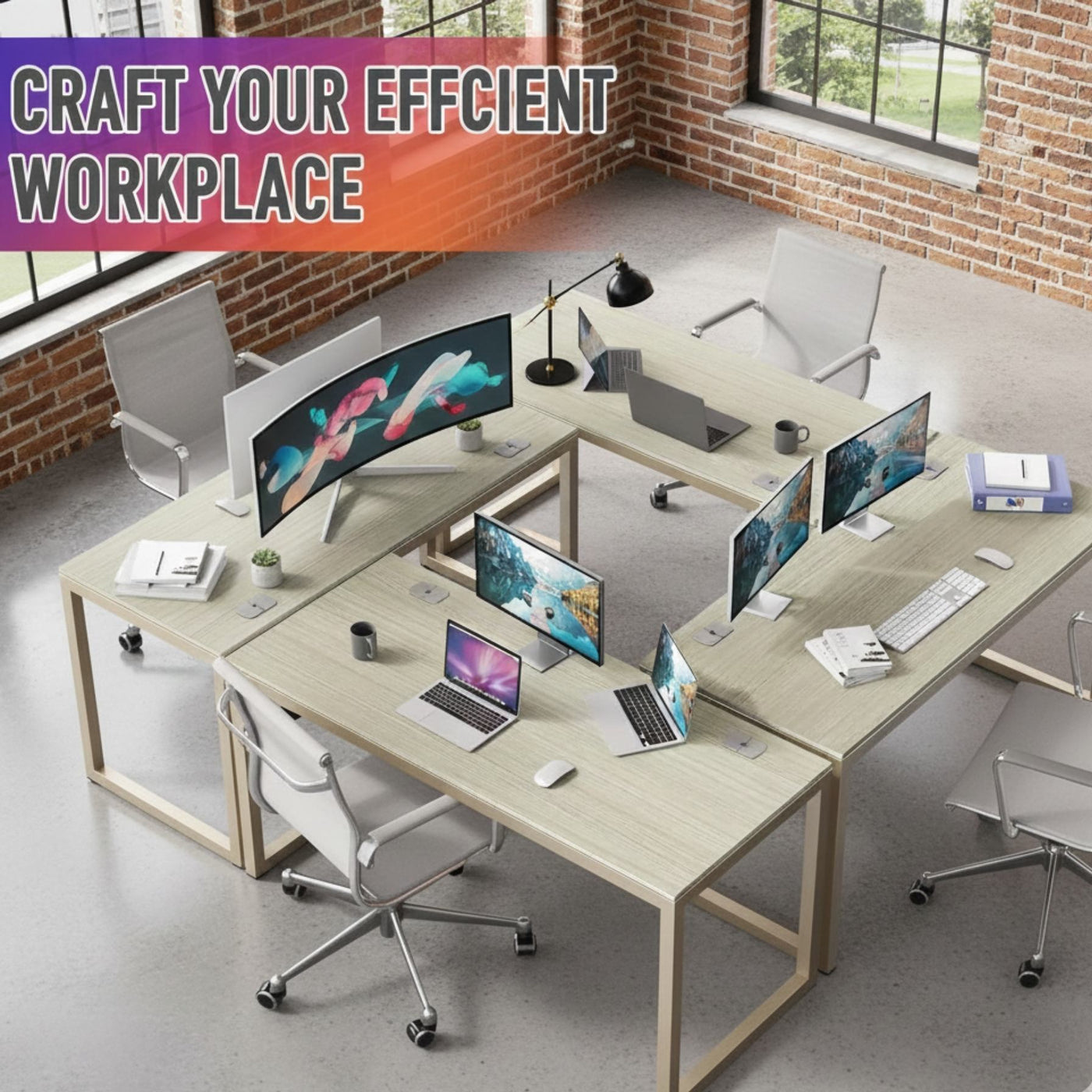 55-inch maple computer desk with grommets and glides for a multi-monitor office setup.