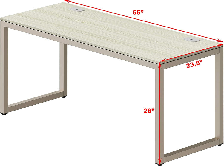 55-inch maple computer desk with grommets and glides, wide work surface for multiple devices.