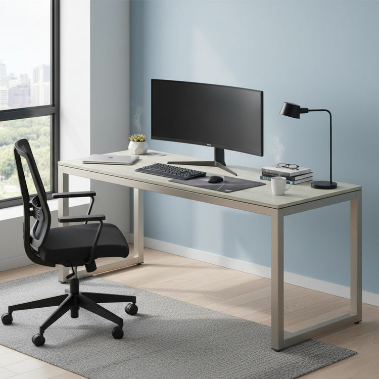 55 Inch Maple Computer Desk with Grommets and Glides; spacious maple work surface for monitor, laptop, keyboard, lamp.