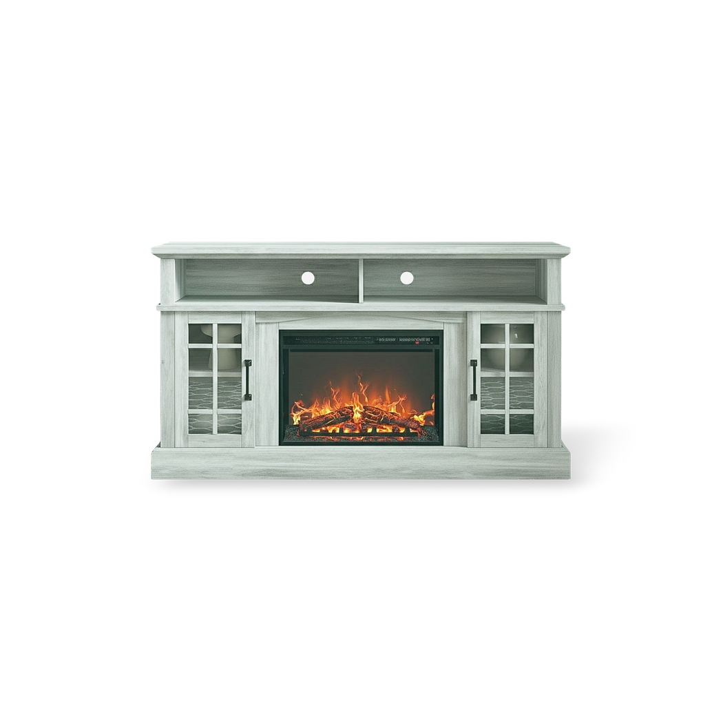 58-inch TV stand with electric fireplace, grey-washed wood, storage cabinets and glass-front doors.
