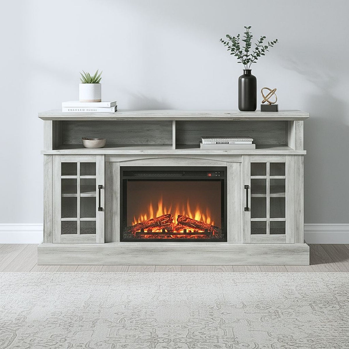 58-inch rustic fireplace TV stand with electric fireplace, storage cabinets and open shelves in gray-washed wood.