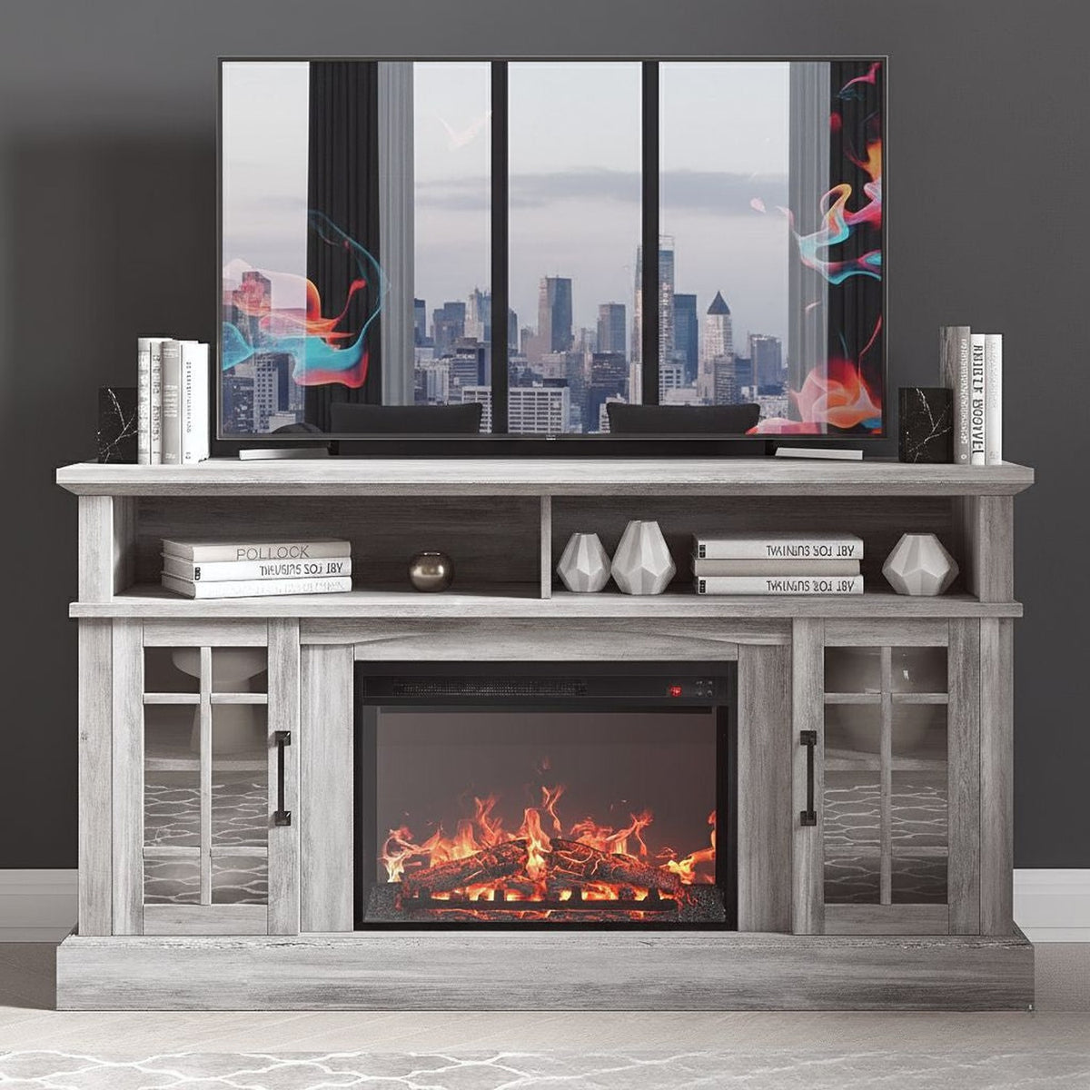 58-inch rustic TV stand with electric fireplace, storage cabinets and glass-front doors in grey-washed wood.
