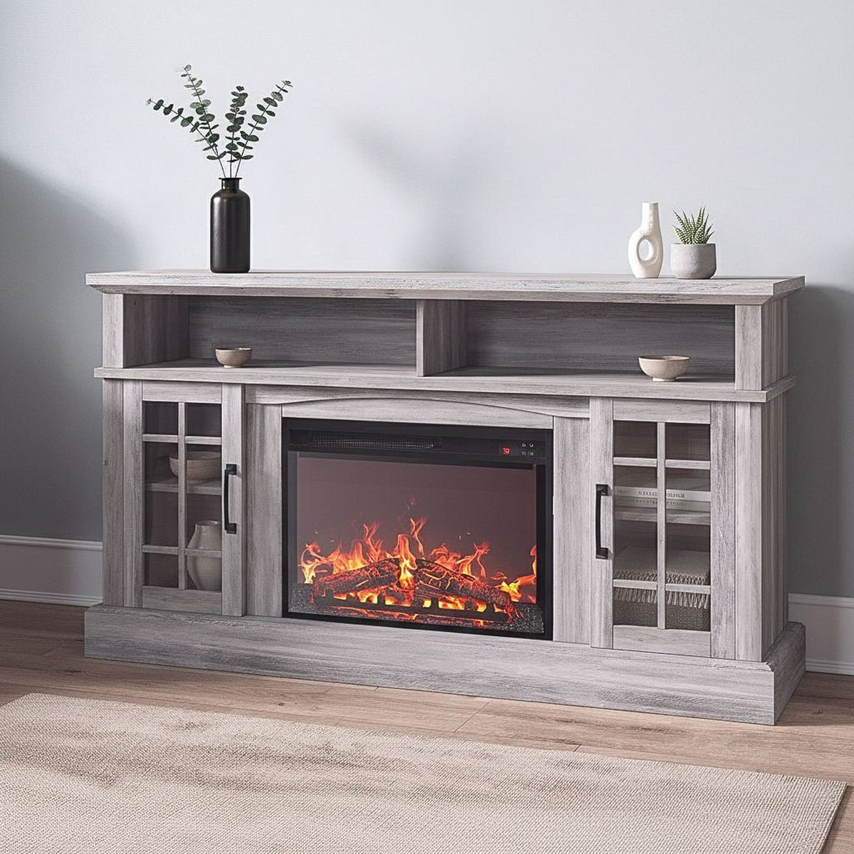 58-inch Rustic Fireplace TV stand with integrated electric fireplace and storage, gray-washed finish.
