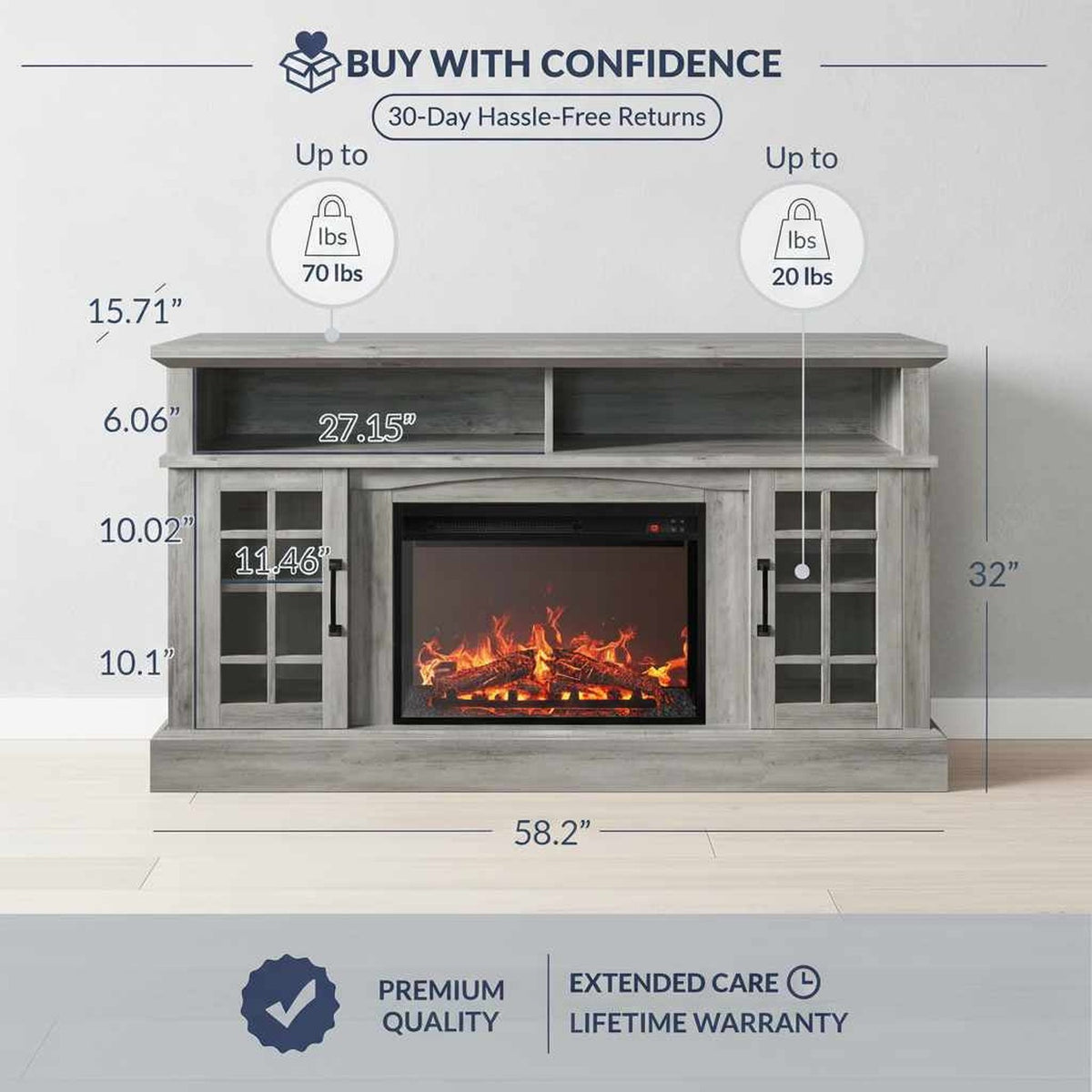 58-inch Rustic TV Stand with Electric Fireplace, open upper shelf, and storage cabinets (feature callout)