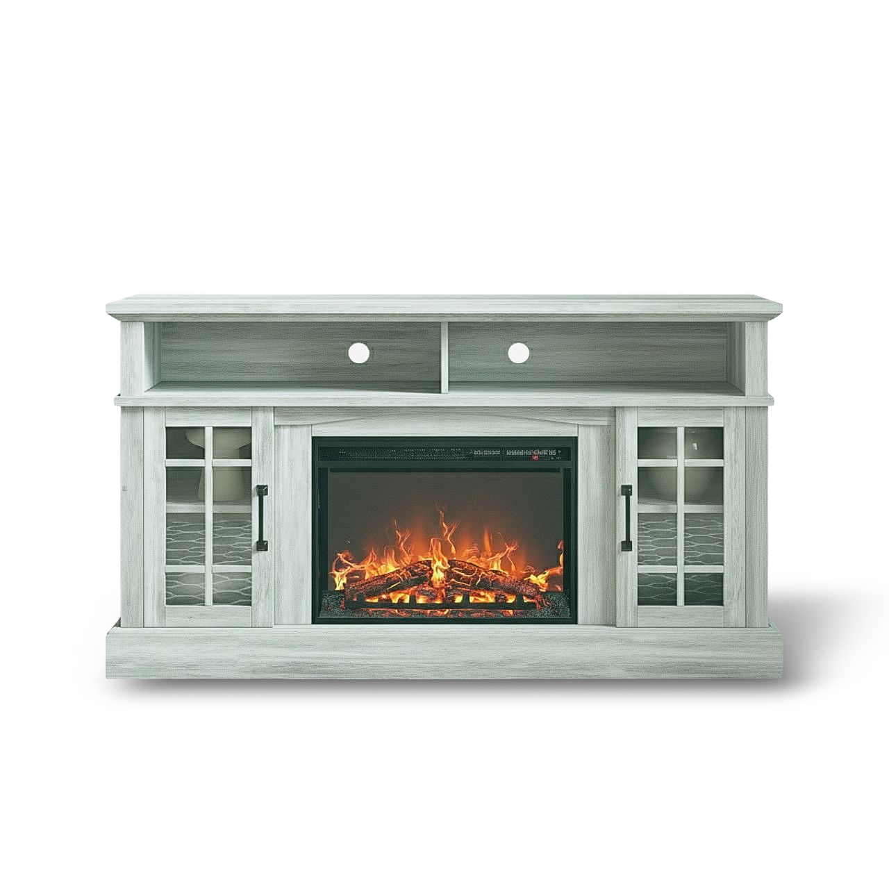 58-inch rustic TV stand with built-in electric fireplace and glass-front storage cabinets in a weathered gray finish.