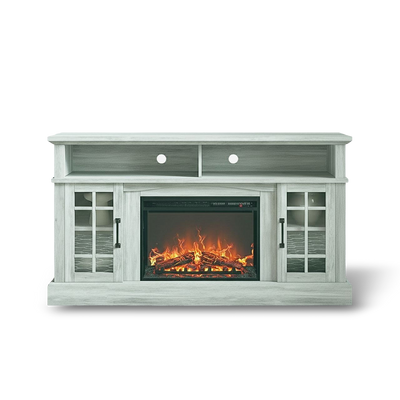 58-inch rustic TV stand with built-in electric fireplace and glass-front storage cabinets in a weathered gray finish.