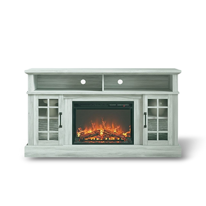 58-inch TV stand with electric fireplace, grey-washed wood, storage cabinets and glass-front doors.