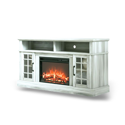 TV stand with glass-front storage cabinets, adjustable shelves and enclosed cabinets in grey-washed wood.