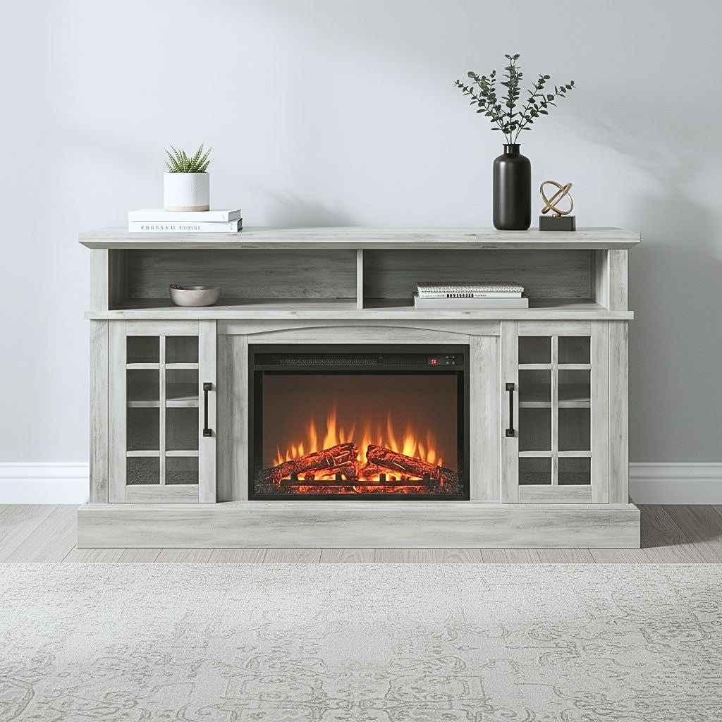 58-inch rustic fireplace TV stand with electric fireplace, storage cabinets and open shelves in gray-washed wood.