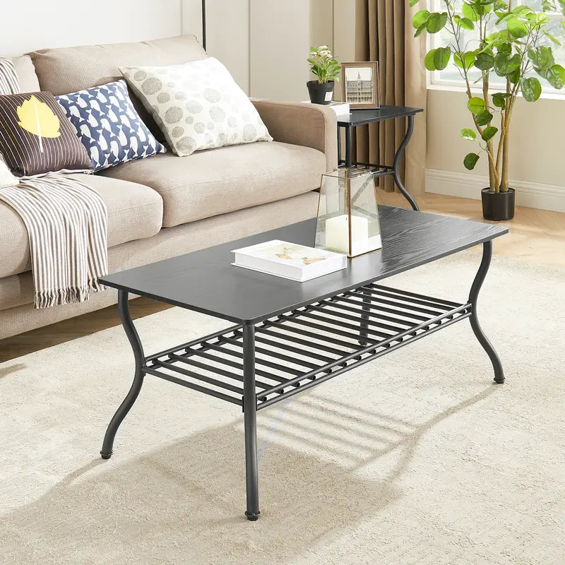 DOOME 3 Pcs Coffee Table Set Metal Rectangle Tea Table with 2 Square End Side Table Retro Design Coffee Table with Sturdy Base for Living Room Decor