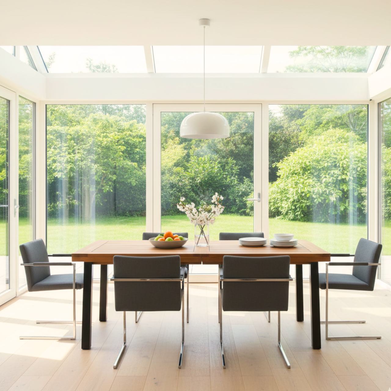 Acacia wood dining table for six with iron legs in a bright glass-walled dining room.
