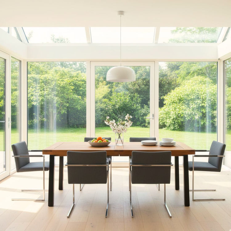 Acacia wood dining table for six with iron legs in a bright glass-walled dining room.