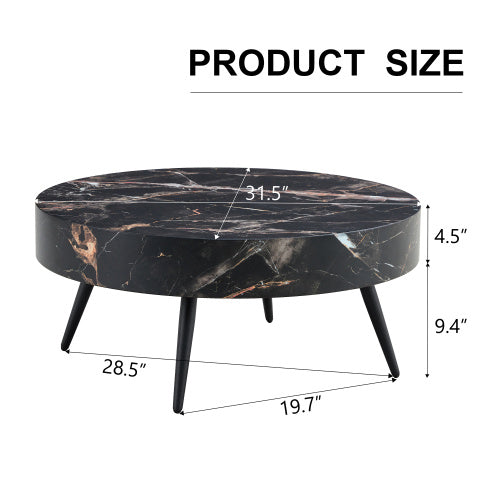 Round Marble Top Cocktail Table, 31.5 Inch Black Finish