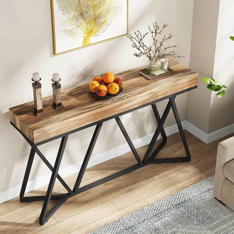 55" Farmhouse Console Table with Unique Metal Base