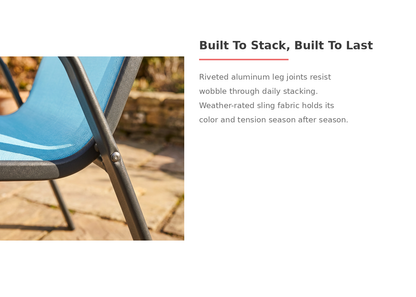 5-Piece Patio Dining Set - built to stack, built to last, 500 lb table capacity, 350 lb chair capacity (feature callout)