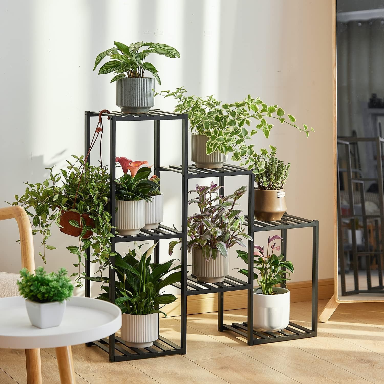 Plant Stand Indoor Plant Stands Bamboo Outdoor Tiered Plant Shelf for Multiple Plants, 3 Tiers 7 Potted Ladder Plant Holder Table Plant Pot Stand for Window Garden Balcony Living Room Corner (Black)