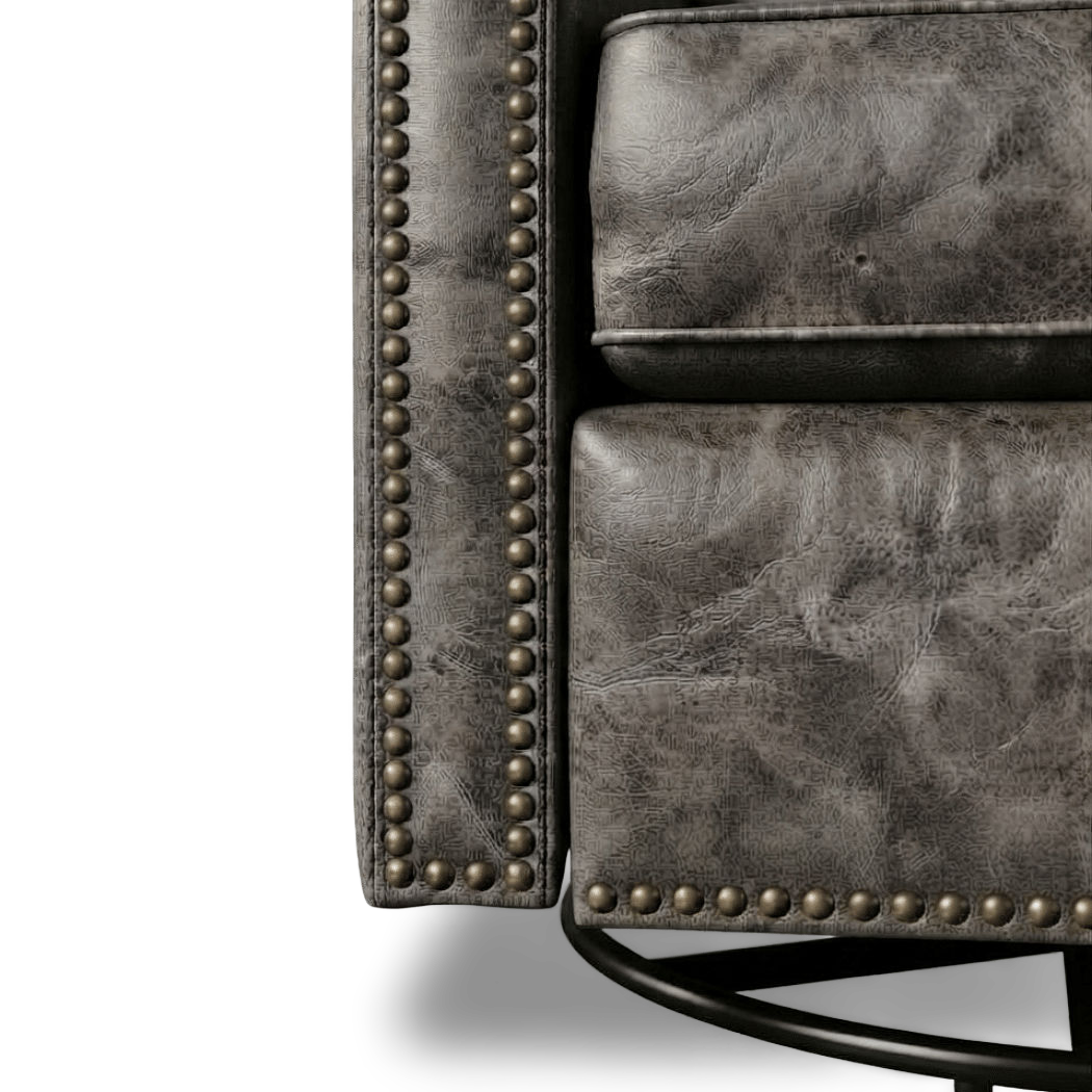 Close-up of distressed faux leather grain and the nailhead column (close-up detail)
