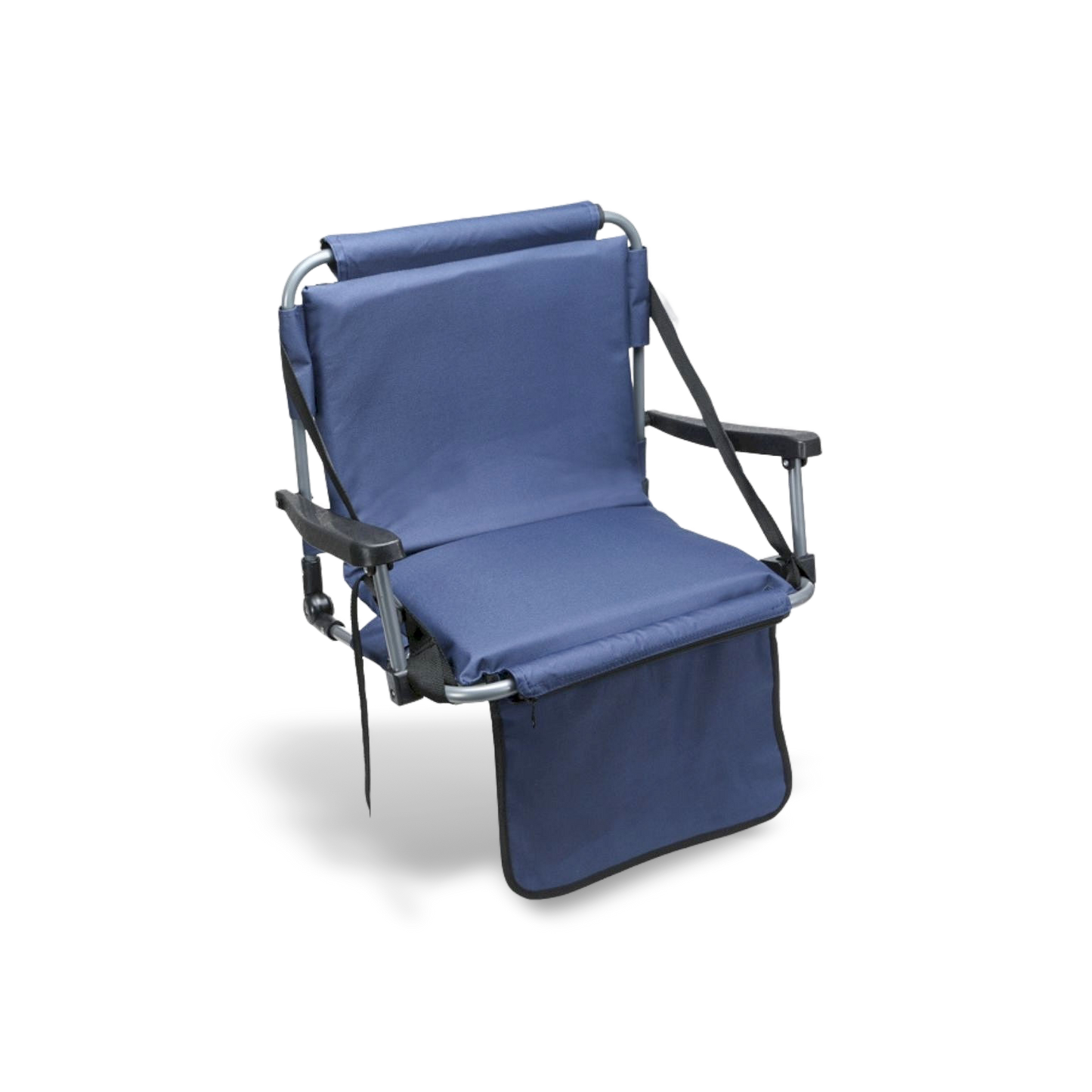 High-durability stadium seat made from 600D polyester in blue; includes a padded backrest and cushioned seat for long-duration outdoor events.