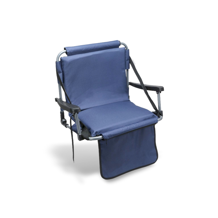 High-durability stadium seat made from 600D polyester in blue; includes a padded backrest and cushioned seat for long-duration outdoor events.