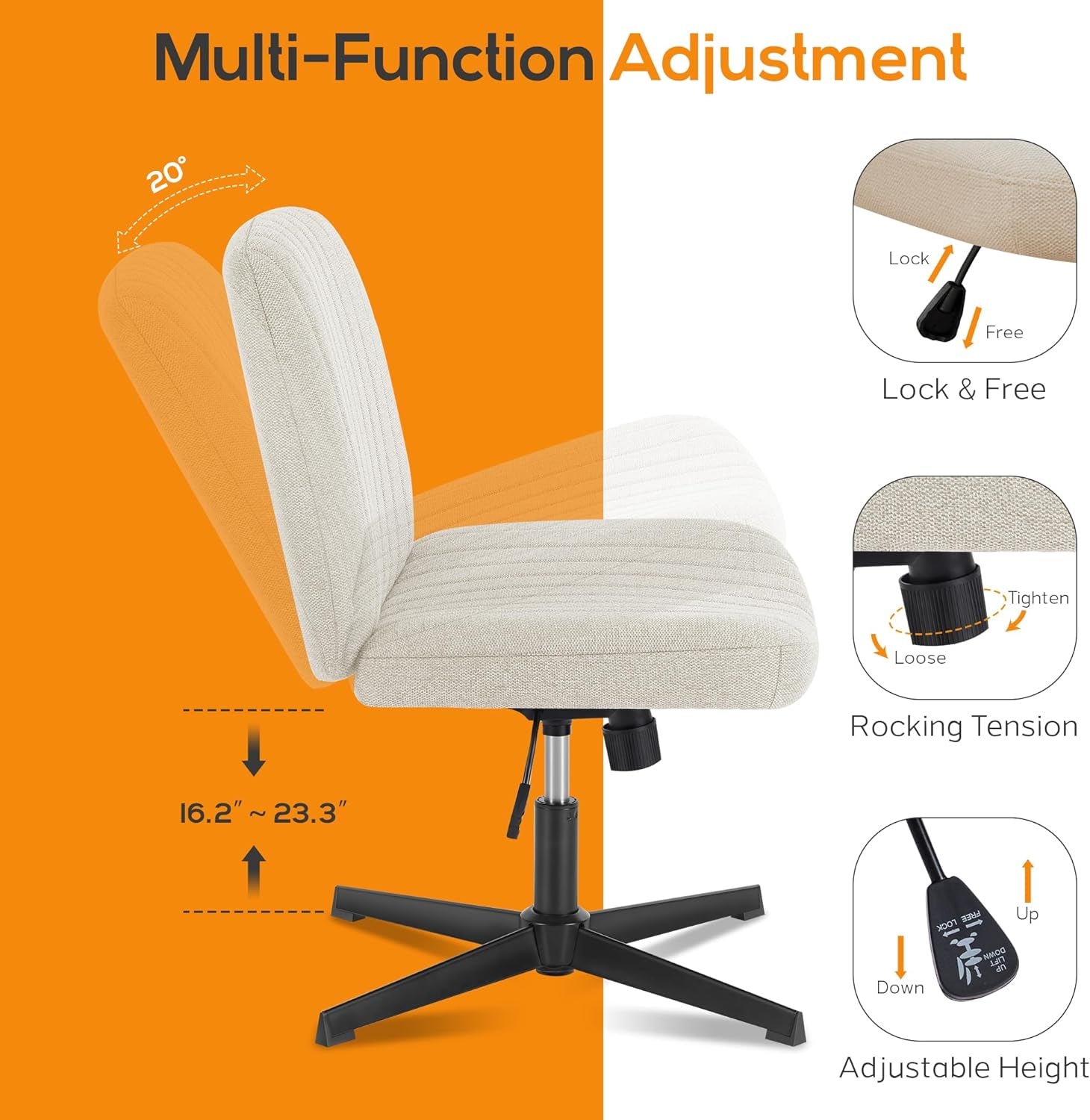 Criss Cross Chair, Cross Legged Office Chair, Wide Comfty Desk Chair, No Wheels Armless Computer Task Chair, Swivel Fabric Vanity Home Chair, Height Adjustable