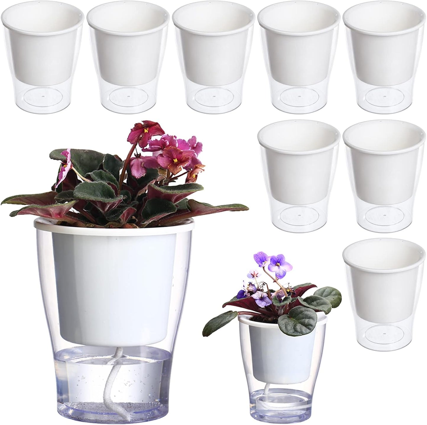 3 Packs 7" Large Clear Self-Watering Planters African Violet Pots Plastic Plant Pots Wicking Flower Pots for Indoor Plants, Herbs, African Violet, Ocean Spider Plant, Orchid Pot, Clear and White