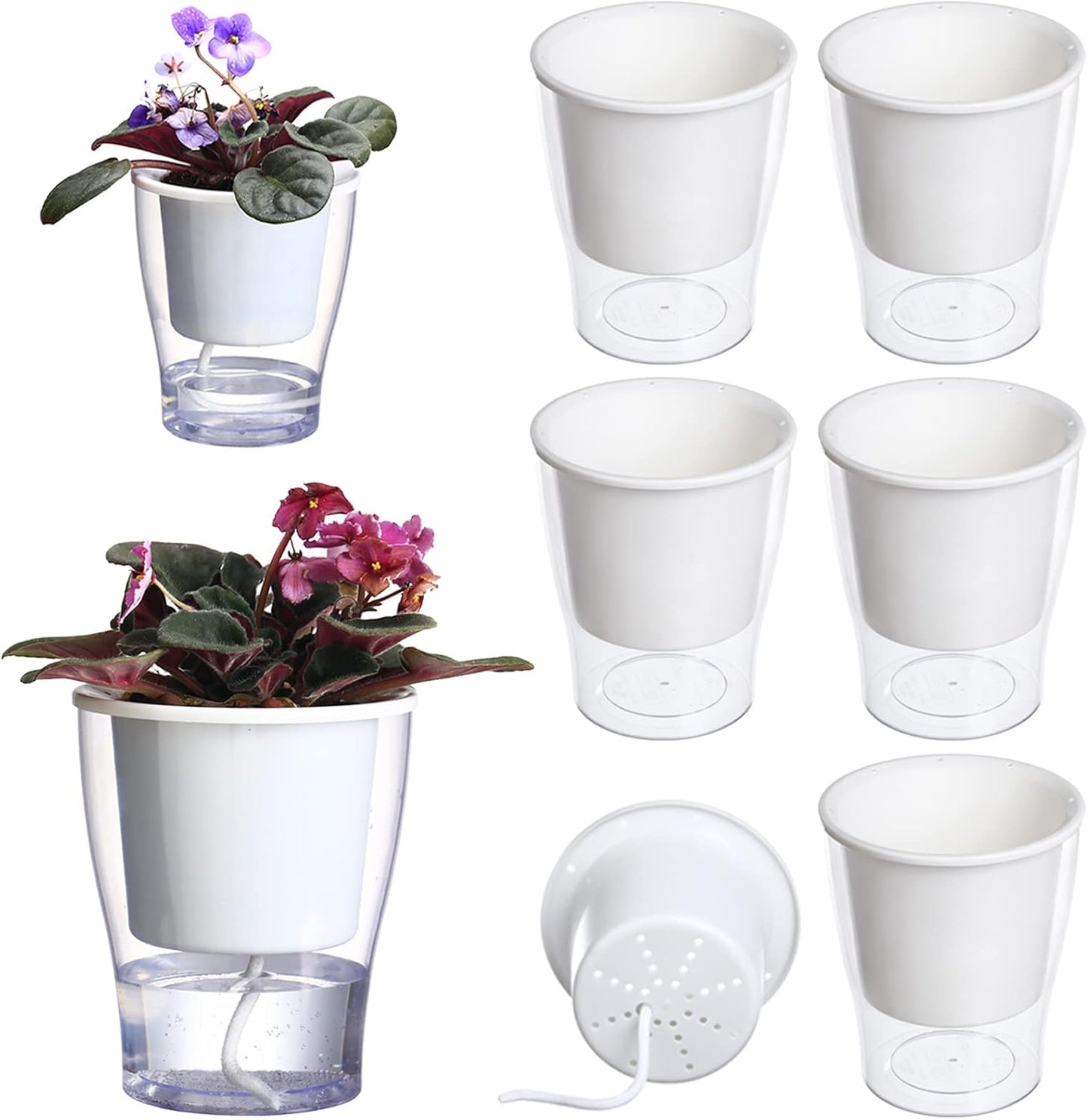 3 Packs 7" Large Clear Self-Watering Planters African Violet Pots Plastic Plant Pots Wicking Flower Pots for Indoor Plants, Herbs, African Violet, Ocean Spider Plant, Orchid Pot, Clear and White