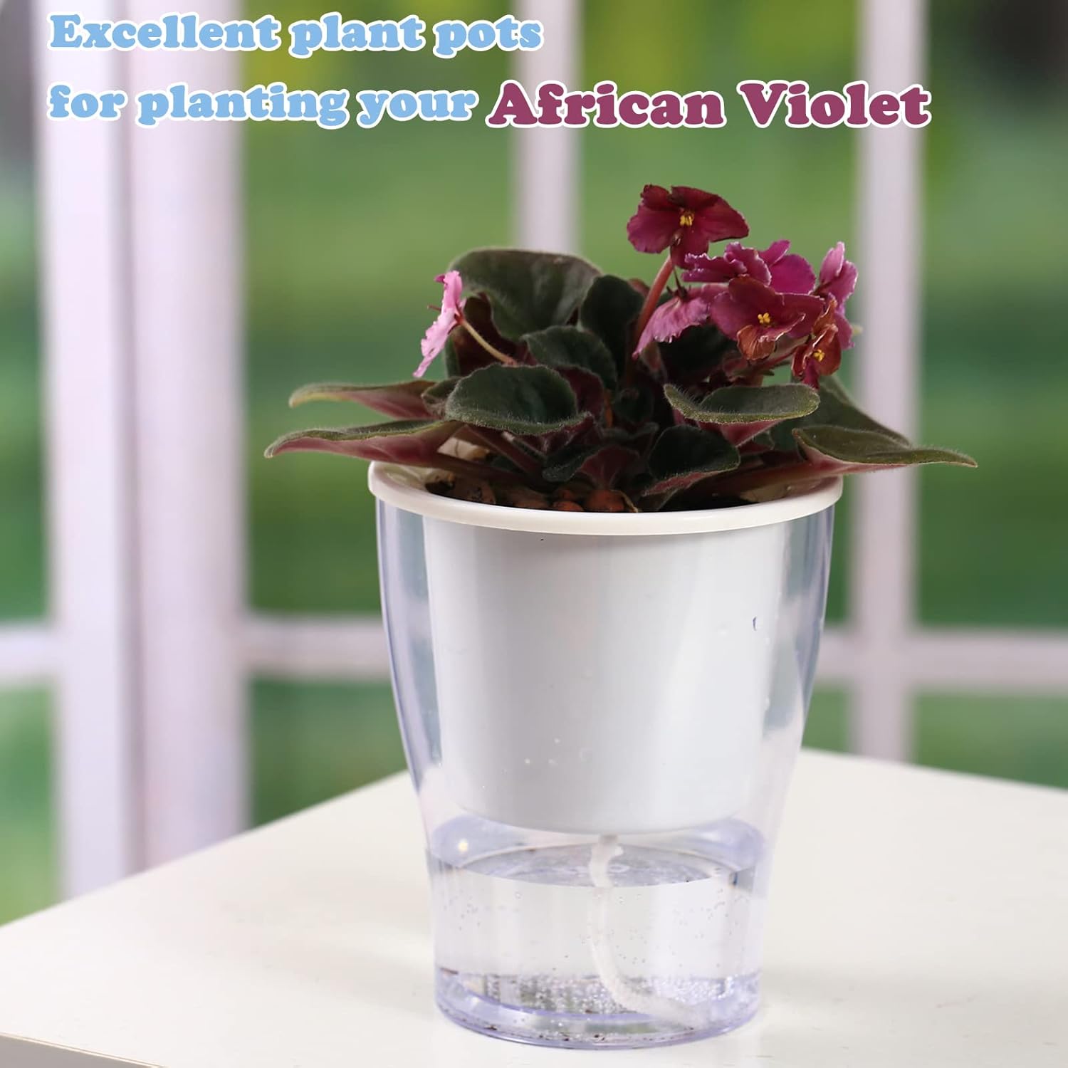 3 Packs 7" Large Clear Self-Watering Planters African Violet Pots Plastic Plant Pots Wicking Flower Pots for Indoor Plants, Herbs, African Violet, Ocean Spider Plant, Orchid Pot, Clear and White