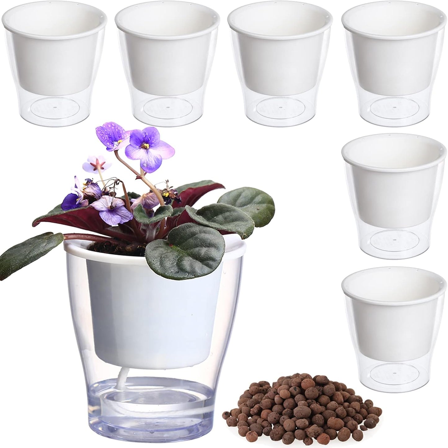 3 Packs 7" Large Clear Self-Watering Planters African Violet Pots Plastic Plant Pots Wicking Flower Pots for Indoor Plants, Herbs, African Violet, Ocean Spider Plant, Orchid Pot, Clear and White