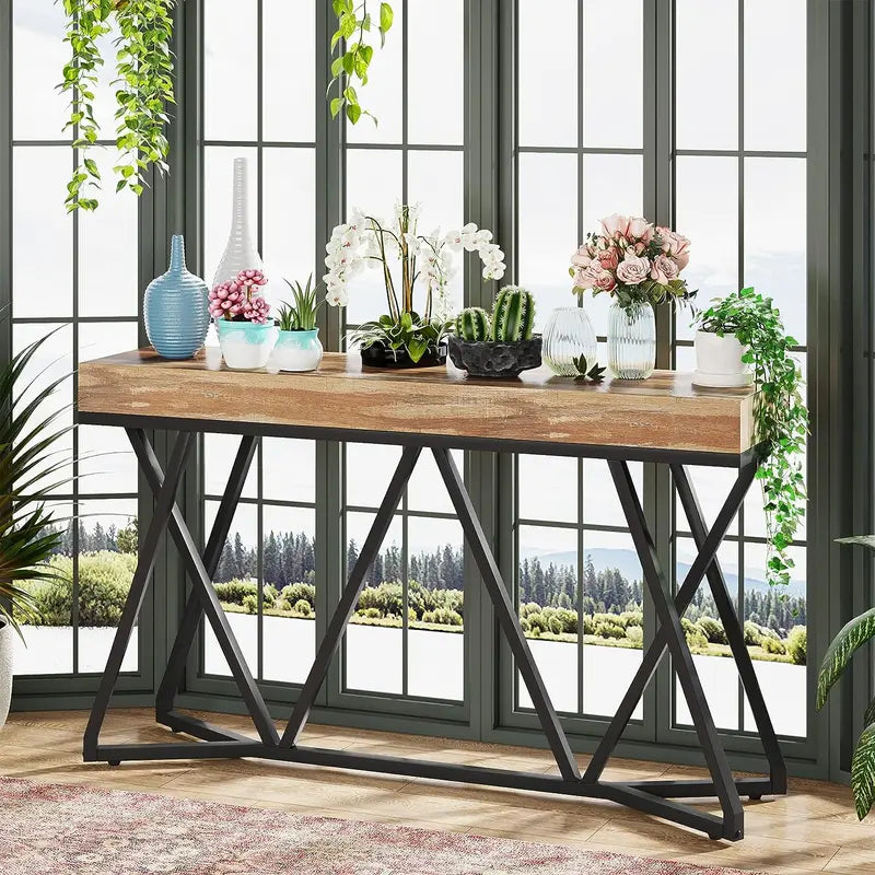 55" Farmhouse Console Table with Unique Metal Base