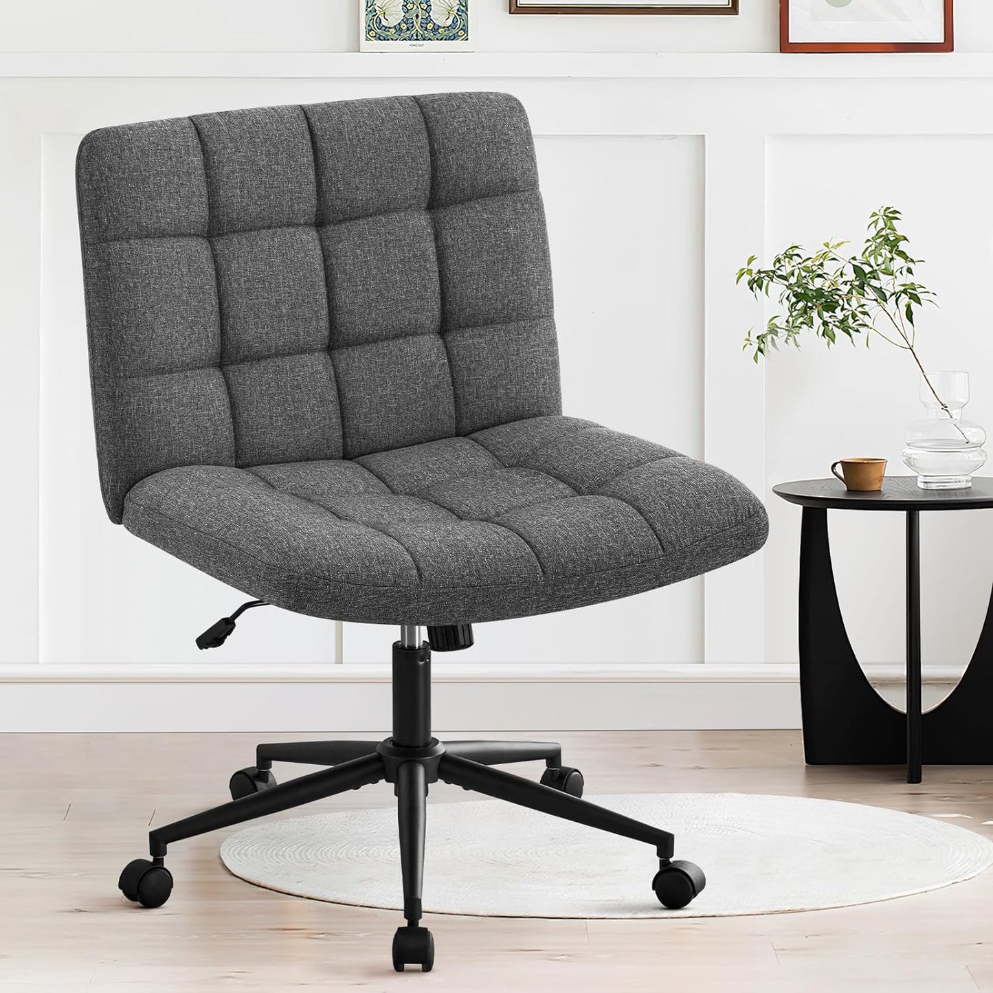 Criss Cross Wide Chair, Comfy Legged Desk Chair No Wheels Armless Modern Swivel Chair with Mid Back, Height Adjustable Wide Seat for Home Office Vanity, Grey