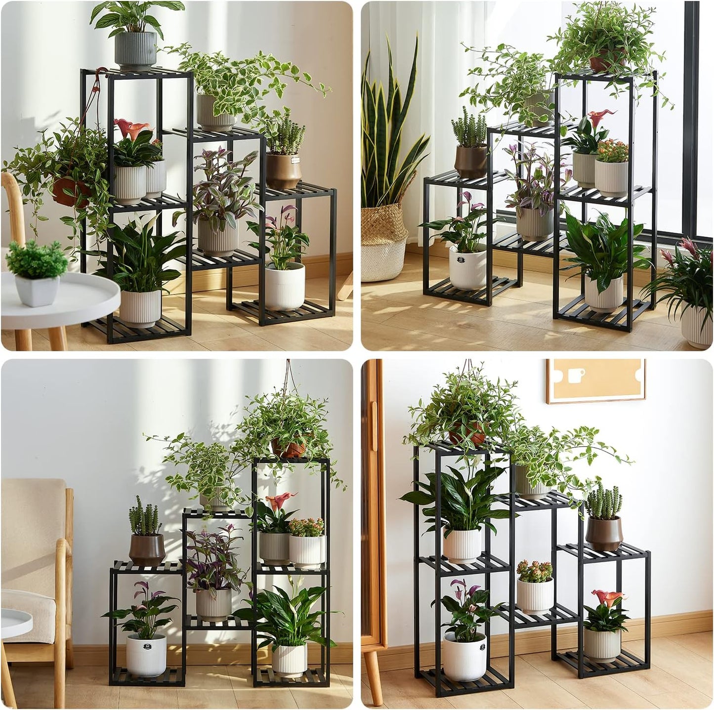 Plant Stand Indoor Plant Stands Bamboo Outdoor Tiered Plant Shelf for Multiple Plants, 3 Tiers 7 Potted Ladder Plant Holder Table Plant Pot Stand for Window Garden Balcony Living Room Corner (Black)