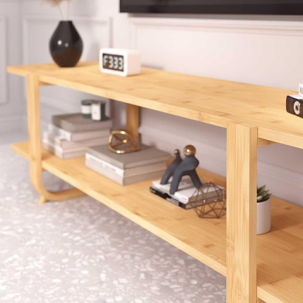 65-inch bamboo media stand with two open shelves and storage in warm burlywood finish.