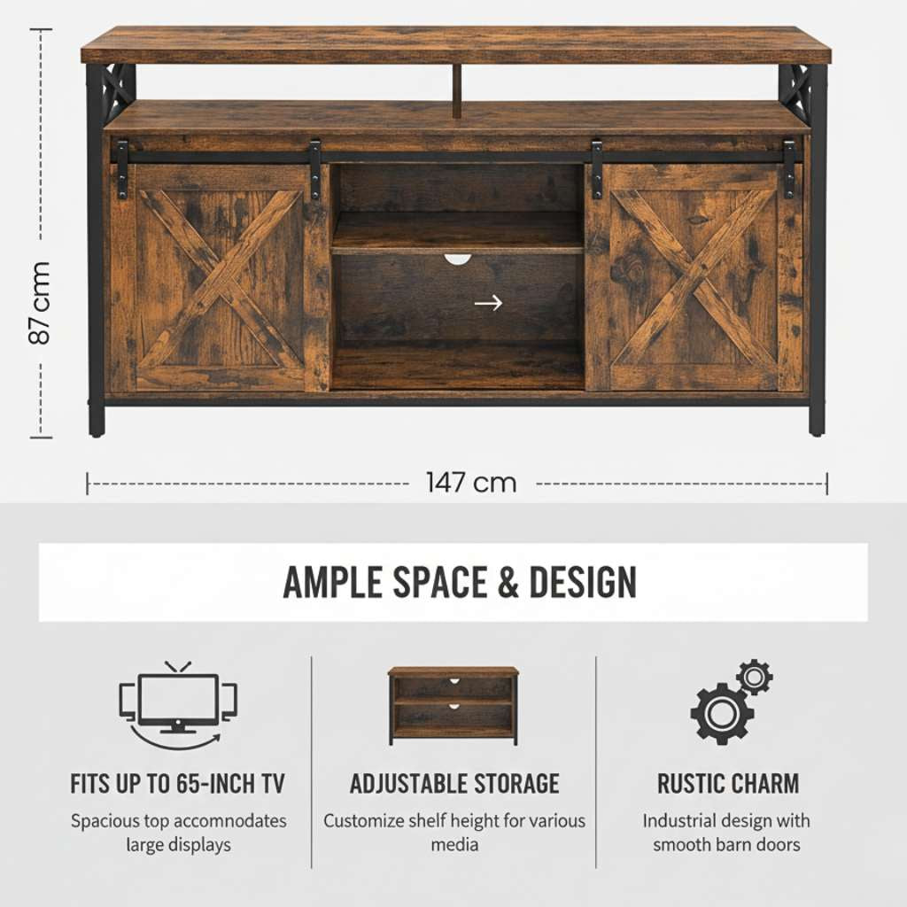 65-inch TV stand in brown and black with adjustable shelves, barn-door cabinets and open center storage