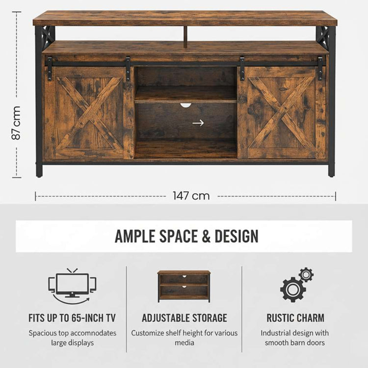 65-inch TV stand in brown and black with adjustable shelves, barn-door cabinets and open center storage