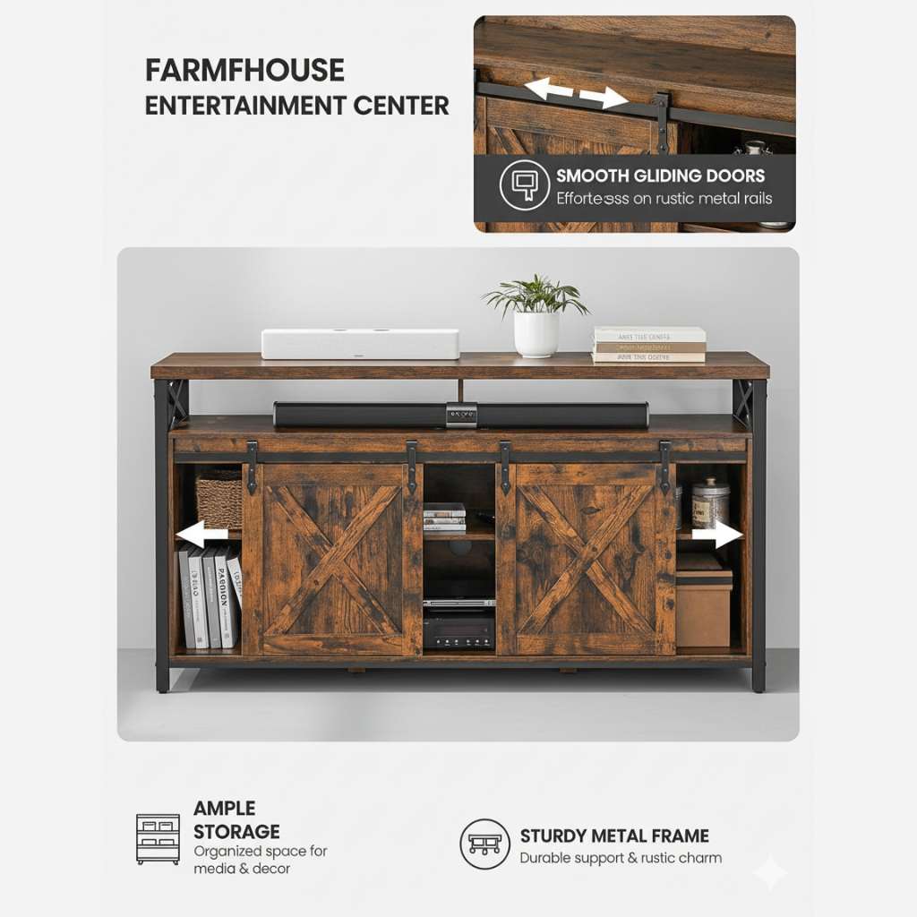 65-inch TV stand in brown and black with adjustable shelves, metal frame, barn-door style.