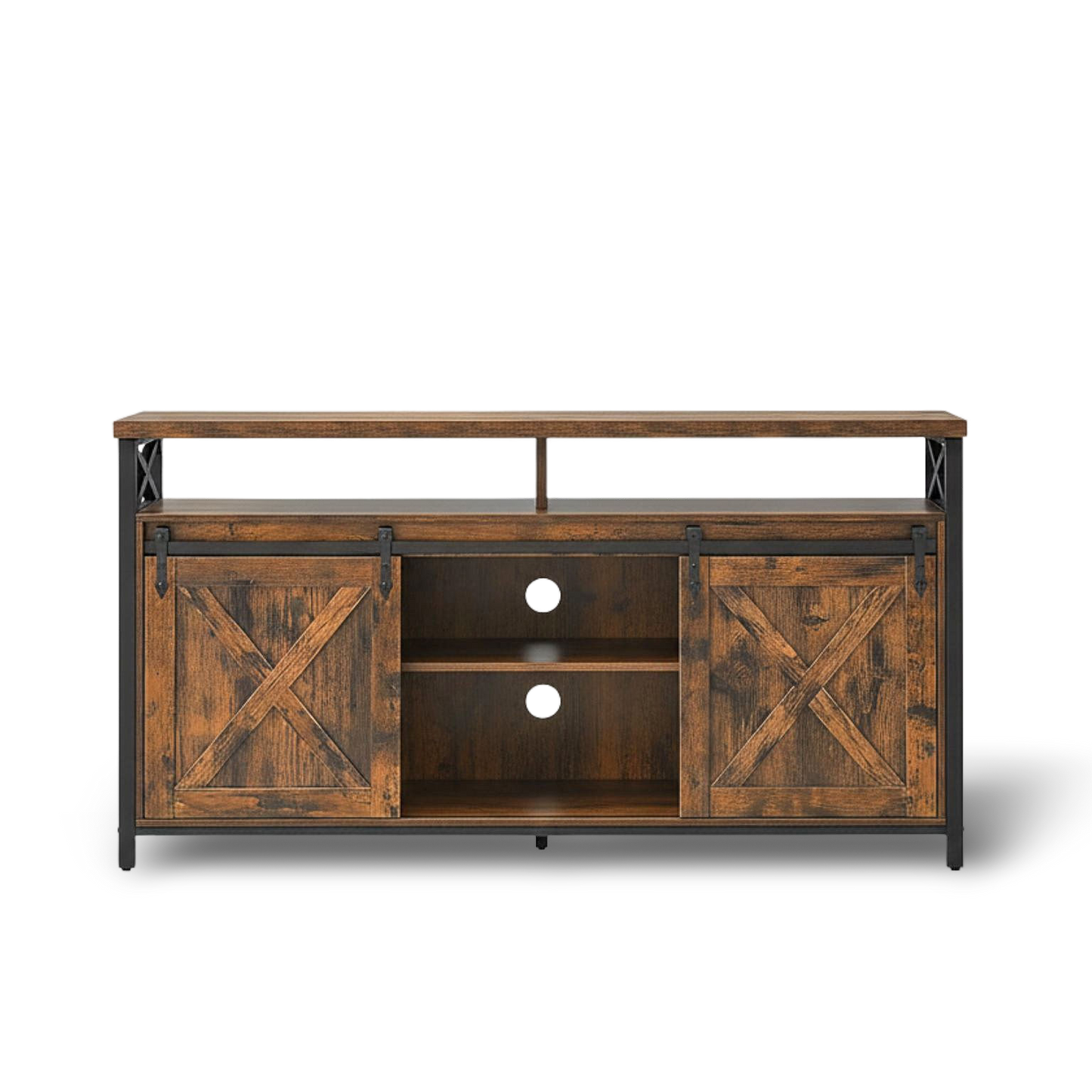 65-inch TV stand with adjustable shelves in brown and black, farmhouse-industrial style with sliding barn doors.