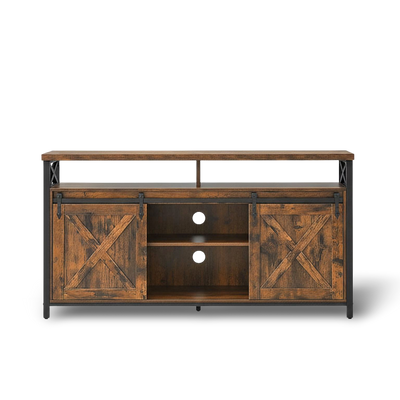 65-inch TV stand with adjustable shelves in brown and black, farmhouse-industrial style with sliding barn doors.