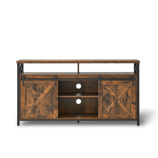 65-inch TV stand with adjustable shelves in brown and black, farmhouse-industrial style with sliding barn doors.