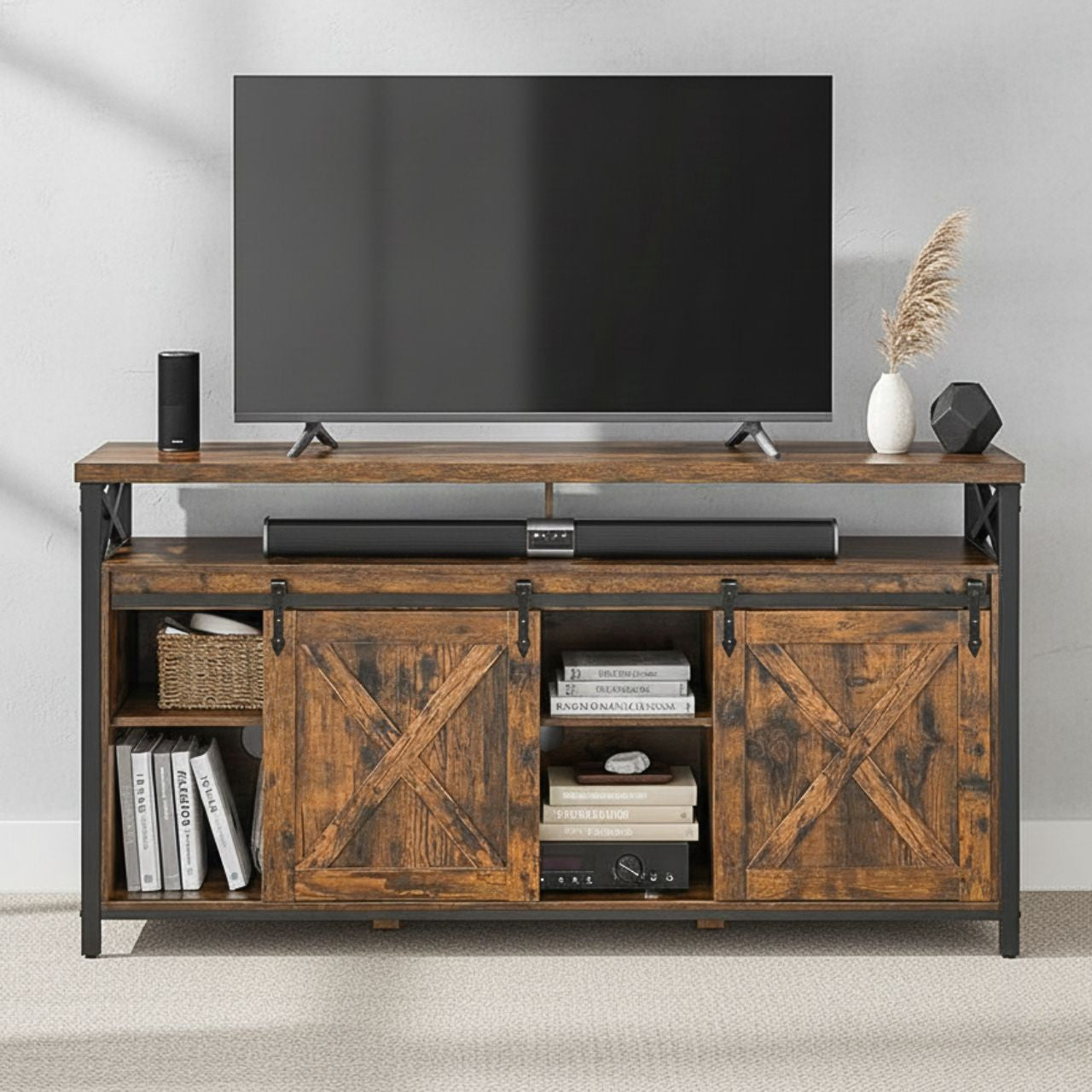 65 Inch TV Stand with Adjustable Shelves, brown and black, rustic farmhouse centerpiece with barn-door cabinets.
