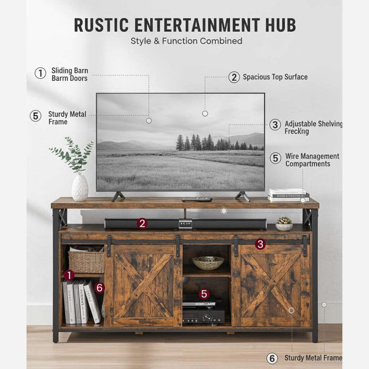 65 Inch TV stand with adjustable shelves in brown and black, rustic farmhouse with industrial lines.