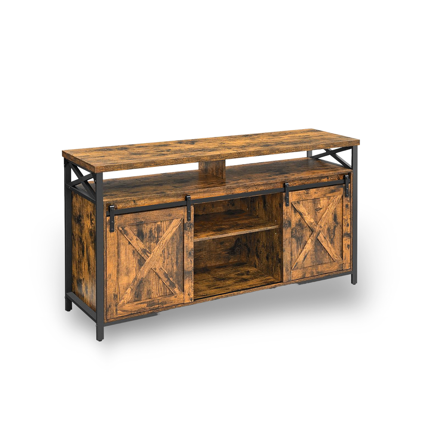 65 inch TV stand with adjustable shelves in brown and black, rustic barn-door cabinets and metal frame