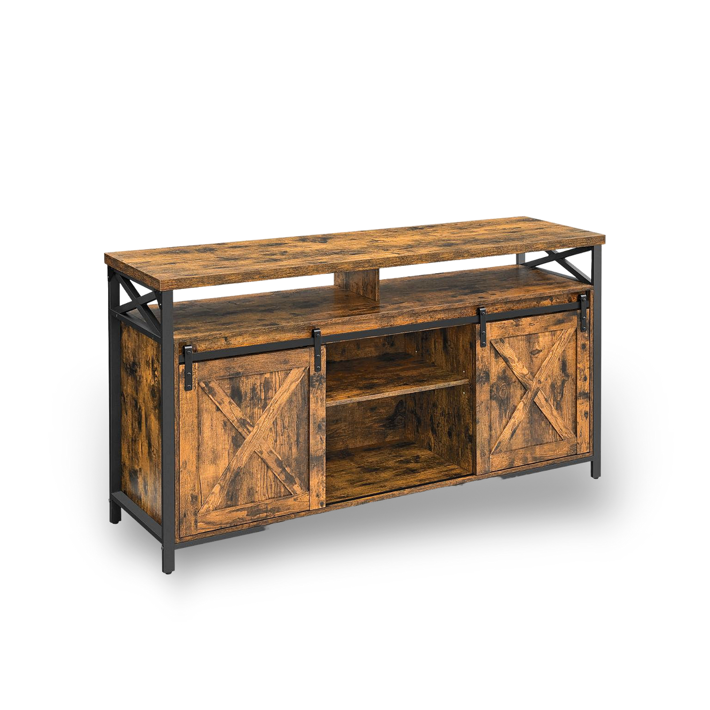 65 inch TV stand with adjustable shelves in brown and black, rustic barn-door cabinets and metal frame