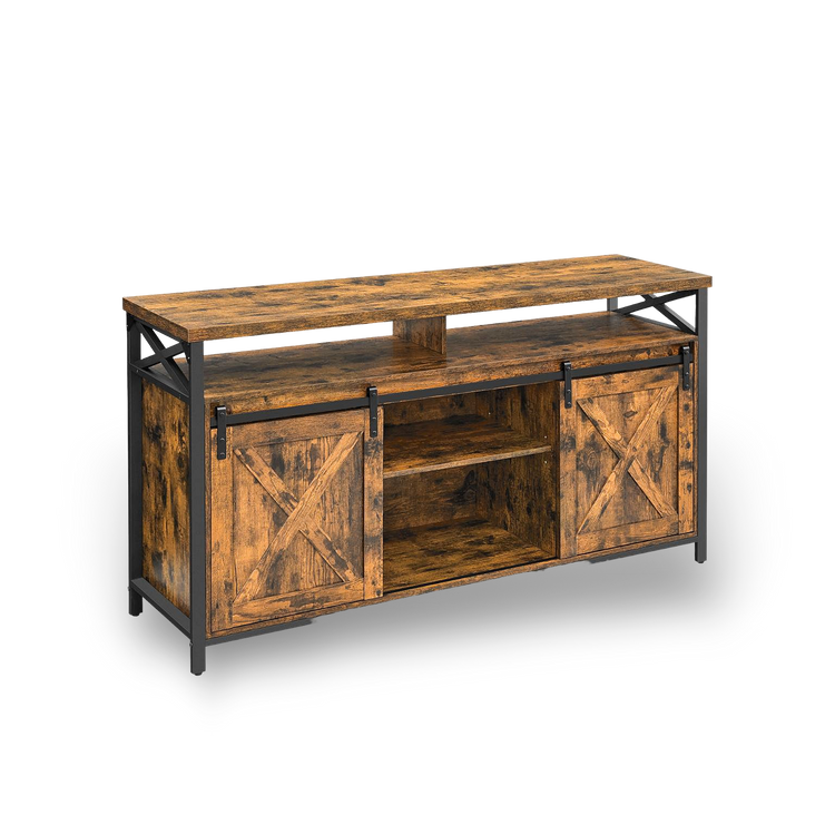 65 inch TV stand with adjustable shelves in brown and black, rustic barn-door cabinets and metal frame