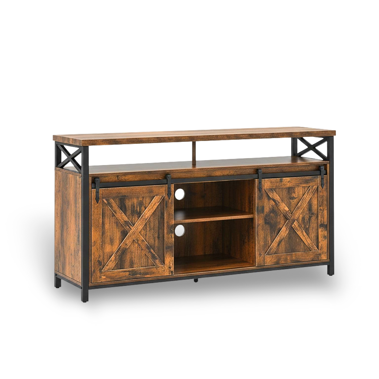 65 inch TV stand with brown wood and black metal frame, adjustable shelves, and barn-door style sliding panels.