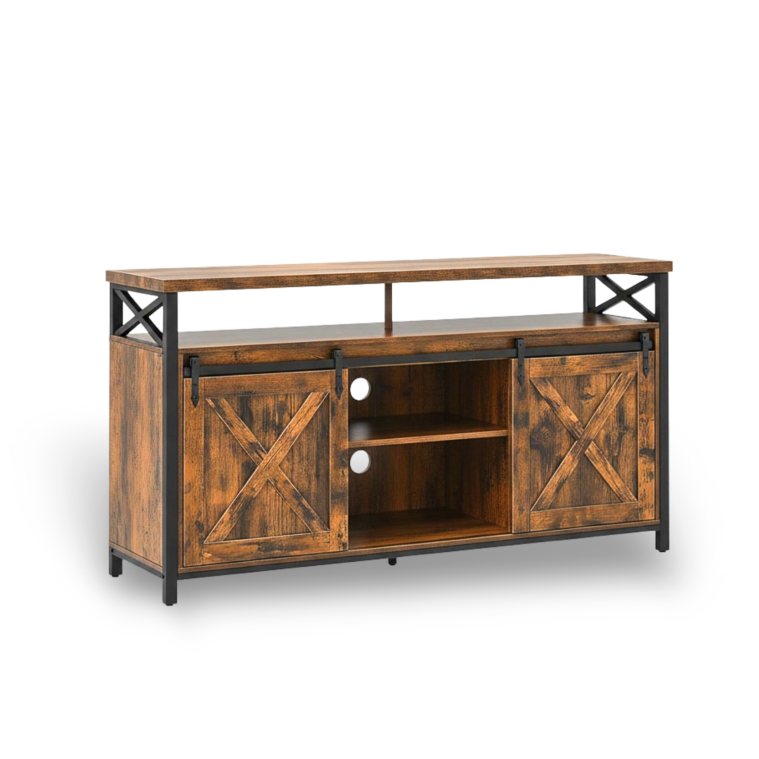 65 inch TV stand with brown wood and black metal frame, adjustable shelves, and barn-door style sliding panels.