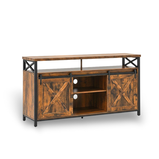 65 inch TV stand with brown wood and black metal frame, adjustable shelves, and barn-door style sliding panels.
